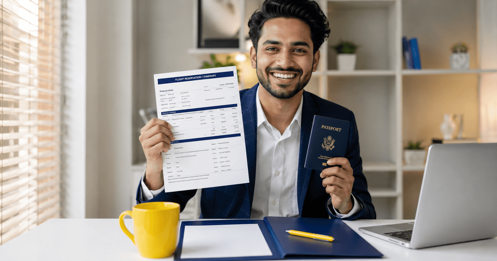Confident smiling traveler holding passport and dummy ticket flight reservation at a bright clean workspace celebrating visa application success in 2026