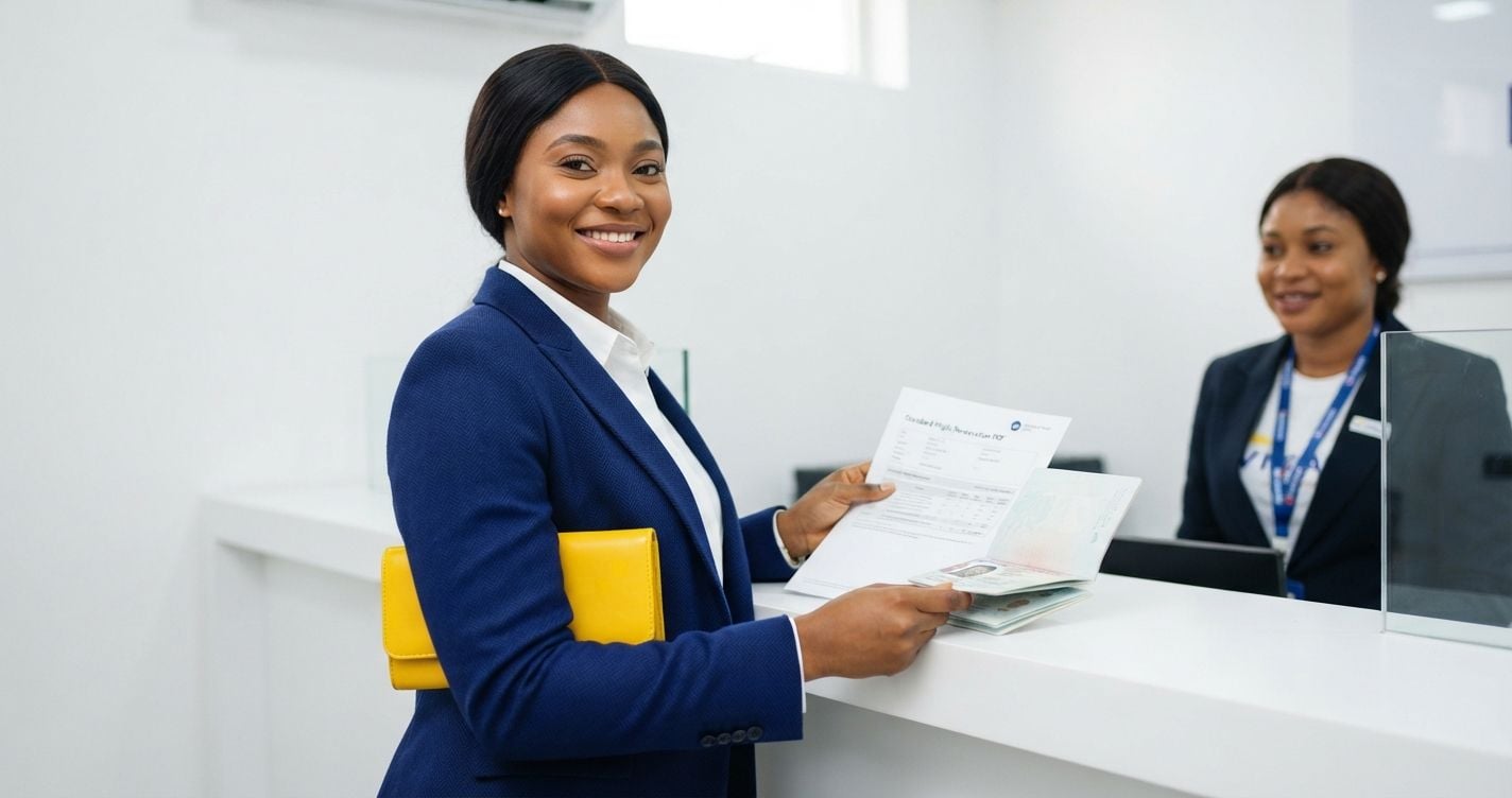Confident West African woman in navy blue blazer holding Standard Flight Reservation and passport at bright modern Lagos VFS Global visa center with small yellow accent bag in 2026