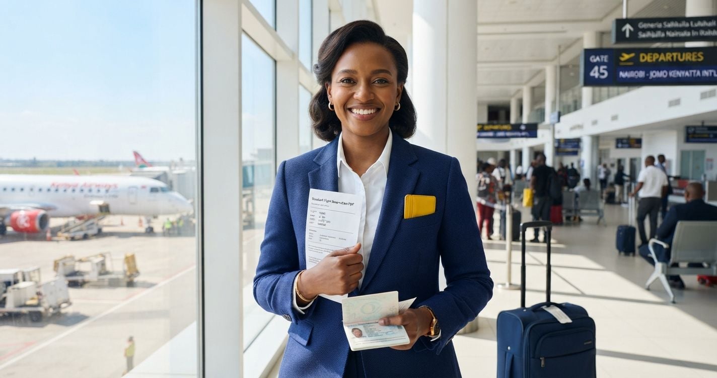 Confident East African woman in navy blue blazer holding genuine Standard Flight Reservation document at bright modern Nairobi international airport with small yellow card holder accent in 2026