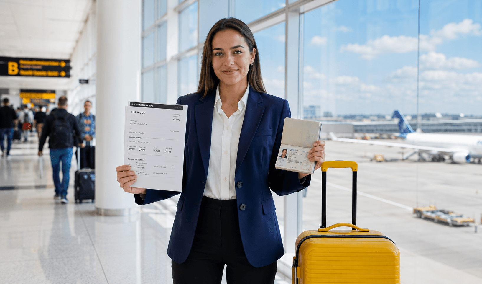 Confident visa applicant holding Standard Flight Reservation and passport at bright modern airport terminal with bright yellow bag ready for visa application in 2026