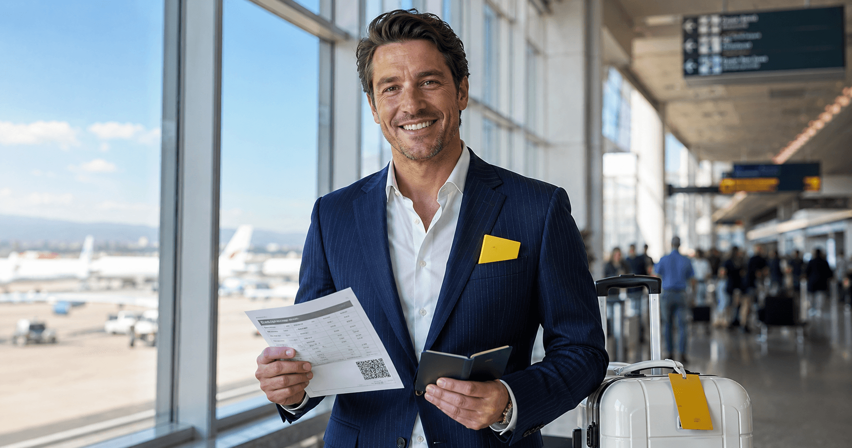 Confident traveler in patterned navy blue blazer holding dummy flight ticket and passport at bright modern Auckland airport terminal with small yellow accent in 2026