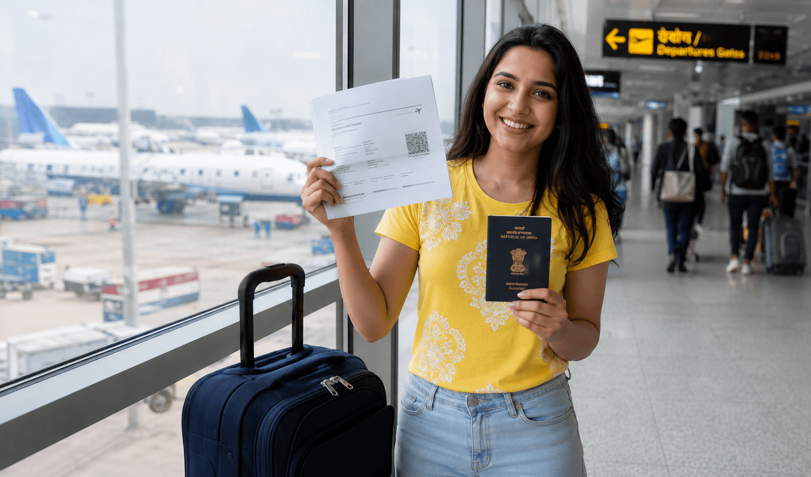 Confident young Indian woman holding Schengen visa flight reservation and passport at a bright modern Indian airport terminal ready for Europe travel in 2026