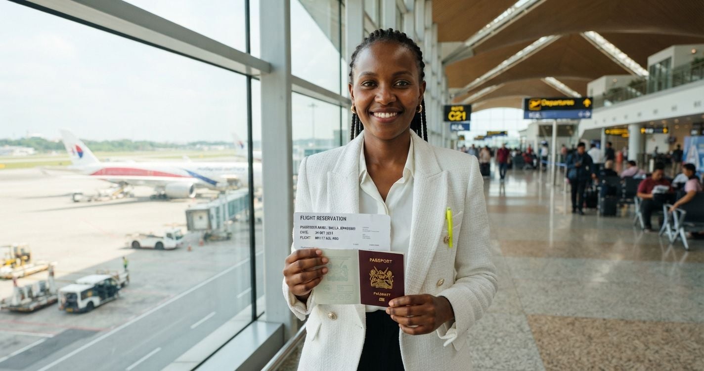 Confident Kenyan woman in a white blazer holding a printed flight reservation at Kuala Lumpur International Airport bright modern departure hall in 2026