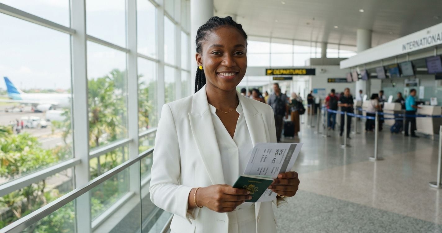 Confident Ghanaian woman in a crisp white blazer holding a printed flight reservation at Bali Ngurah Rai airport bright modern departure hall, small yellow earrings visible