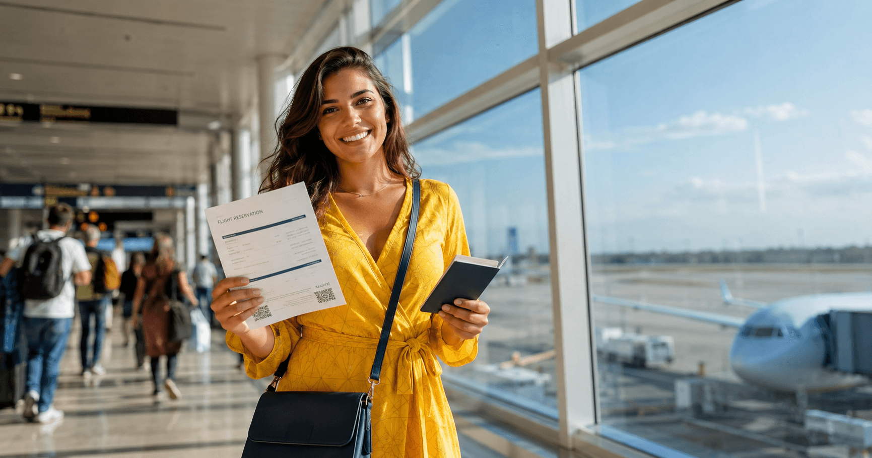 Confident Brazilian woman in bright yellow dress holding flight reservation and passport at bright modern Sao Paulo airport departure terminal with navy accent bag in 2026