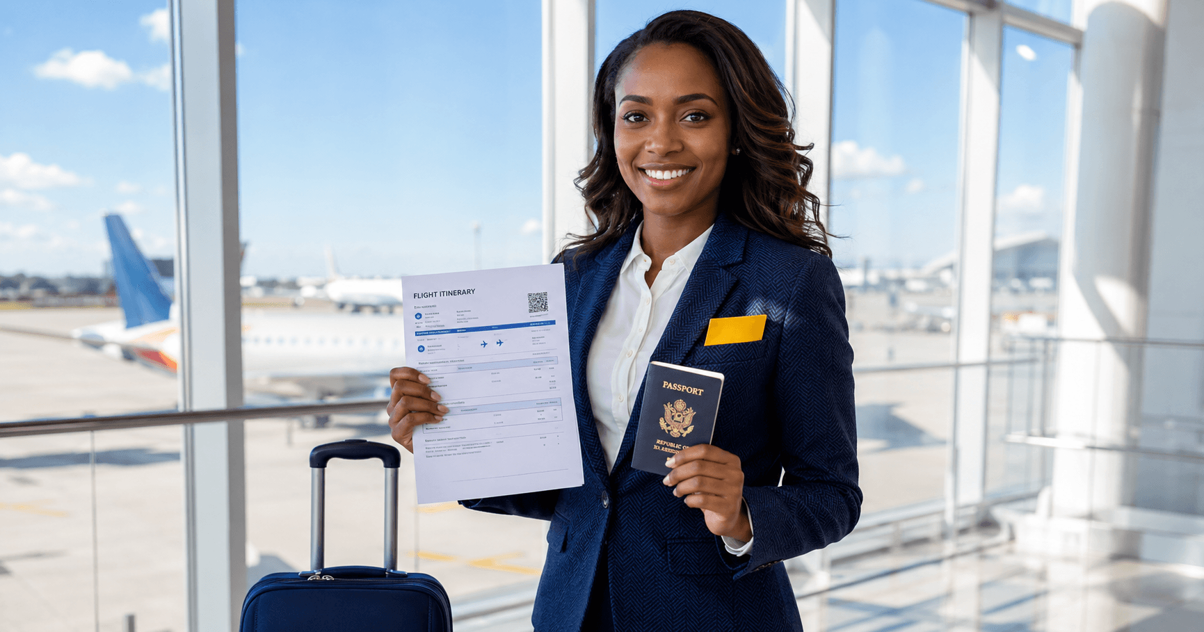 Confident East African woman in navy blue blazer holding flight itinerary document and passport at bright modern Nairobi international airport terminal with small yellow accent card holder in 2026